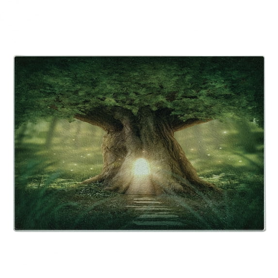 Spring Cutting Board, Tree of Life Themed Arrangement with Thirving Jungle Season Nature Print, Decorative Tempered Glass Cutting and Serving Board, in 3 Sizes, by Ambesonne