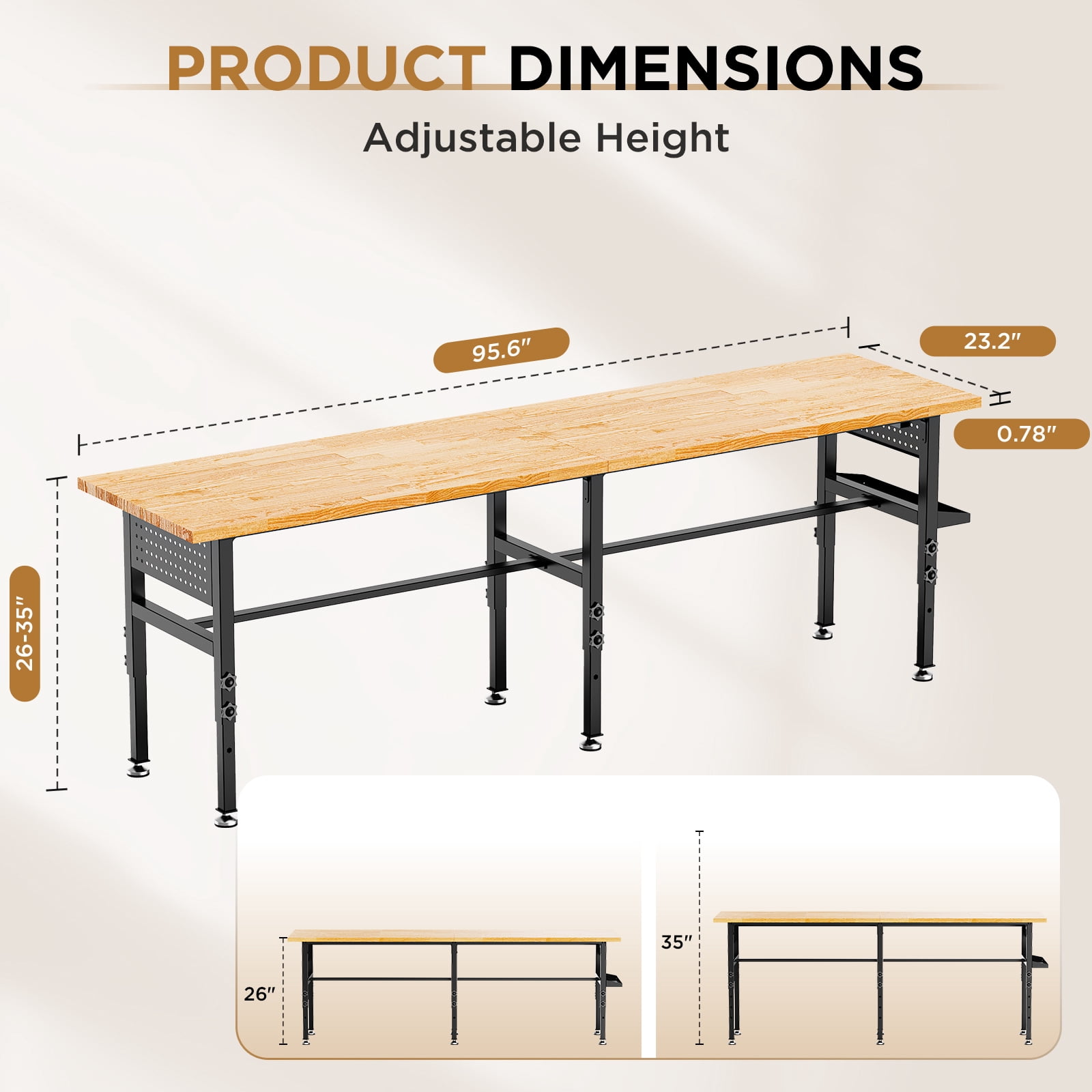 96" Adjustable Workbench with Side Pegboard, Solid Wood Top, 2000 lbs Capacity, Adjustable Height Garage Work Table with Power Outlet, Storage Box, Wheels or Leveling Feet