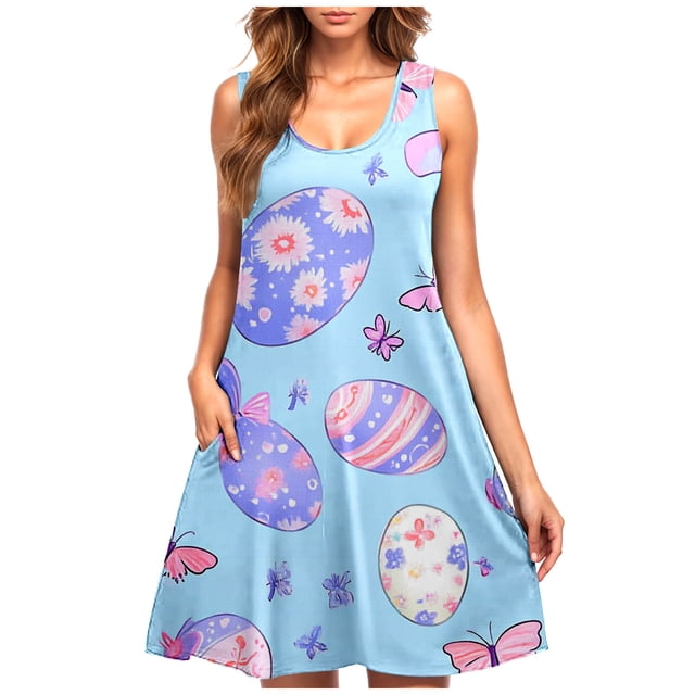 Hyknon Robes d'Été pour Femmes Mode Col Rond Sans Manches Douces Confortables Robes d'Été Imprimées de Pâques Amples Grande Taille Robes Midi Fluides
