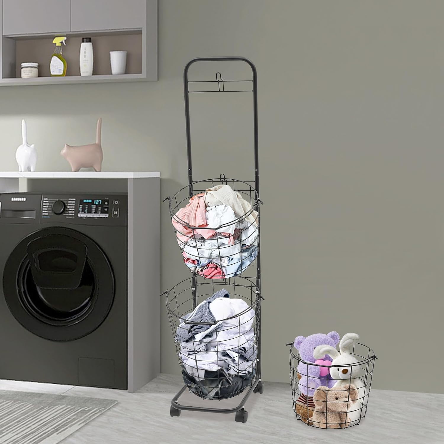 Miumaeov 3 Tier Rolling Laundry Hamper with Removable Wire Basket,Clothing Sorting Laundry Baskets Portable Sorter Storage Trolley Shelf Basket