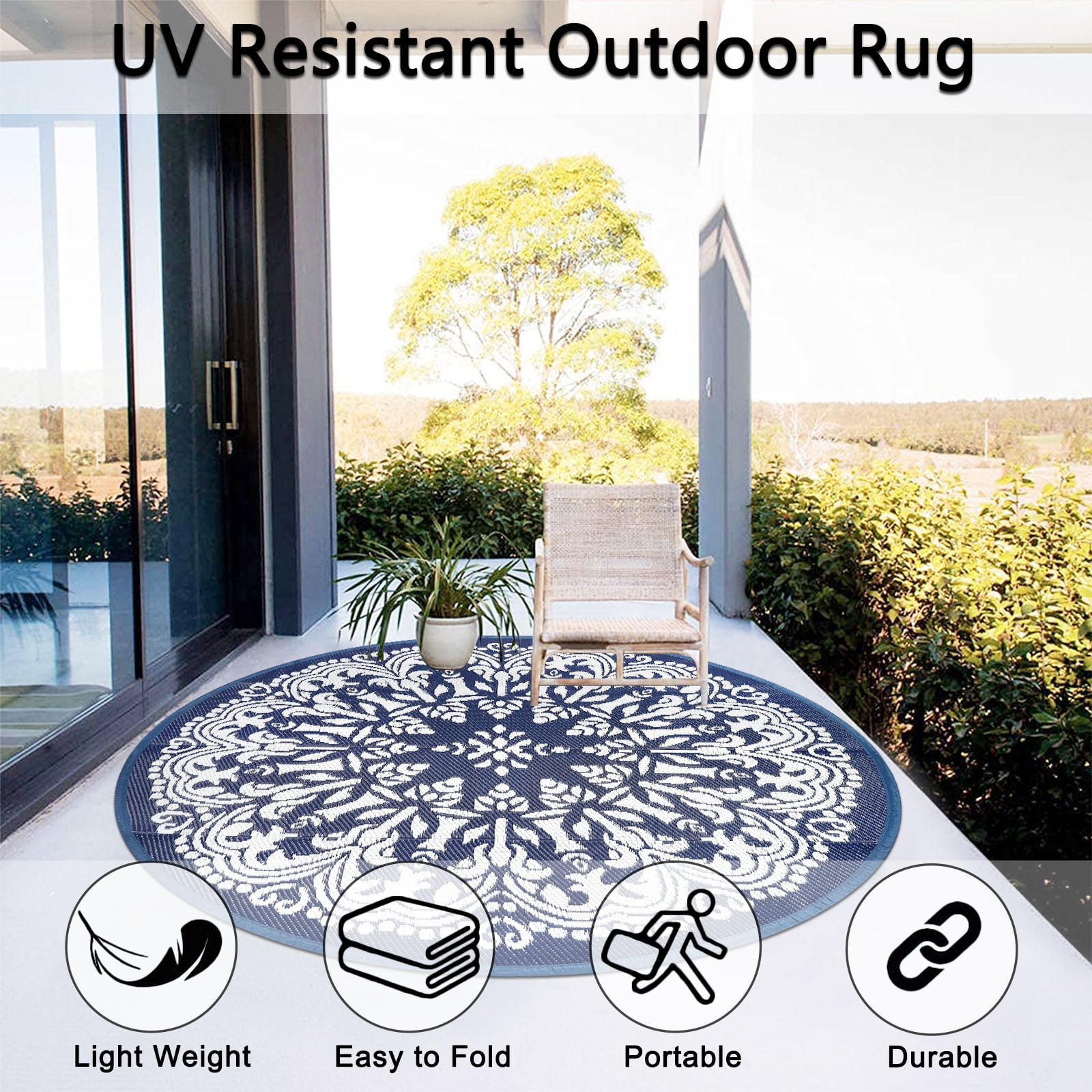 Aonewoe Round Outdoor Rugs 6Ft Waterproof Patio Plastic Straw Rug Reversible Camping Carpet Indoor Outdoor Area Rug for Patio,Deck,Balcony,Picnic,Beach,Outside