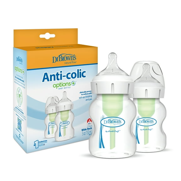 Dr. Brown's Anti-Colic Options + Wide-Neck Baby Bottle, 5 oz/150 ml, Level 1 Nipple, 0m +, 2-Pack