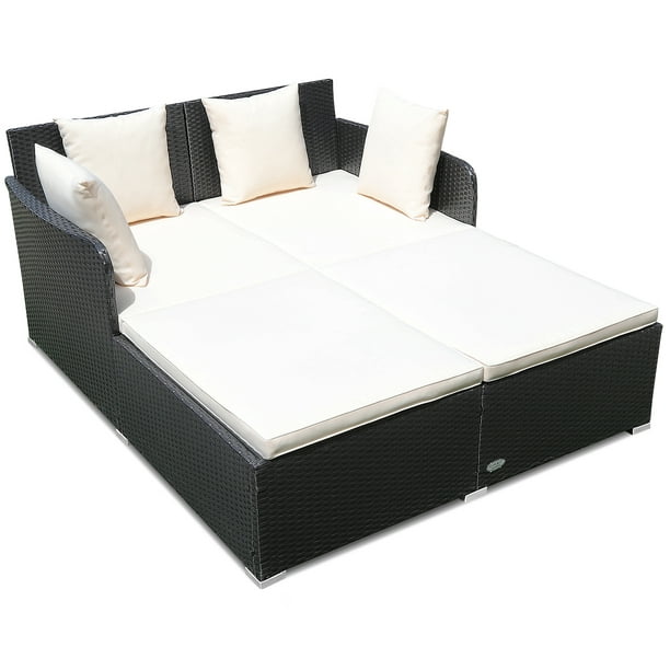 Patio Rattan Daybed with 4 Pillows Cushioned Sofa for Outdoor Biege Walmart.com