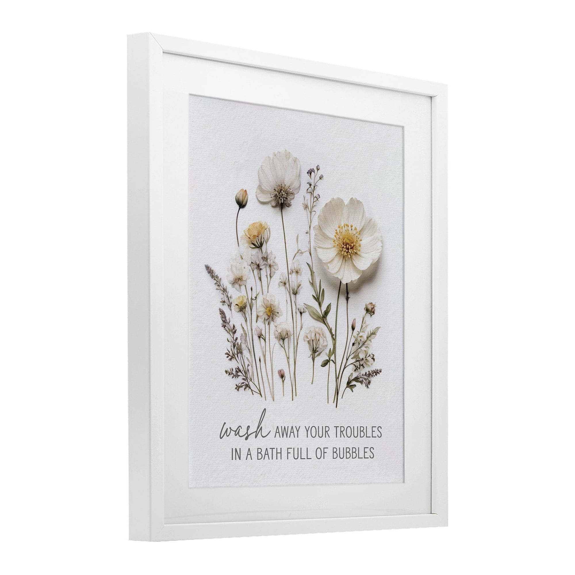 Pressed Flowers Wash Away Troubles White Framed Print Under Glass, design by Lettered and Lined