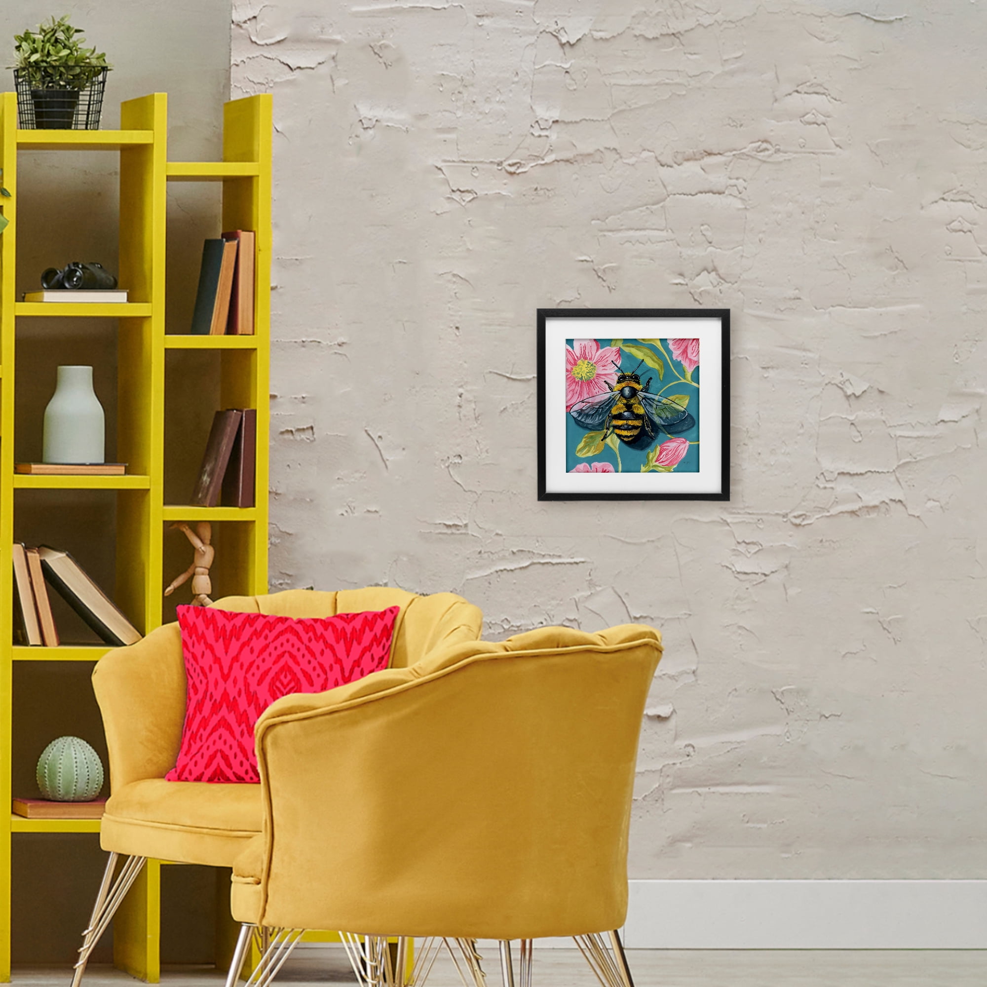 Stupell Industries Fuzzy Bee On Floral Pattern Black Framed Print Under Glass, design by Kate Jarvik Birch