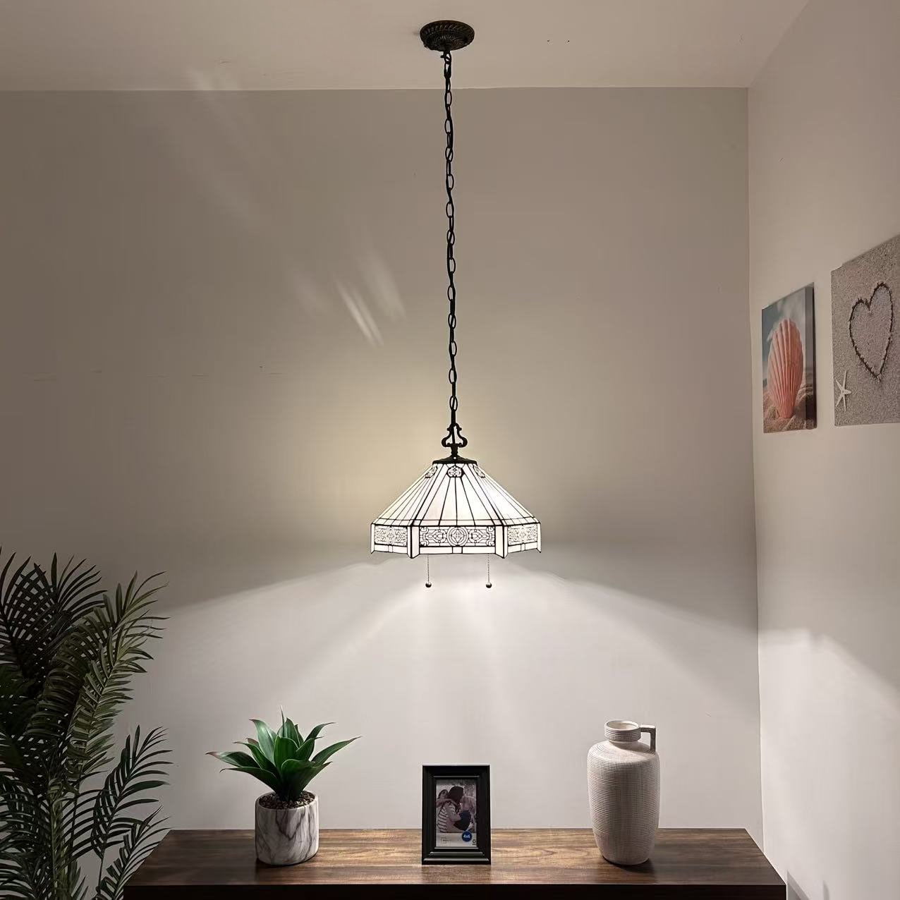 White Hexagon Stained Glass Pendant Lights Fixture LED Bulb Included for Dining Room Kitchen Island 16"W*16"D*75"H