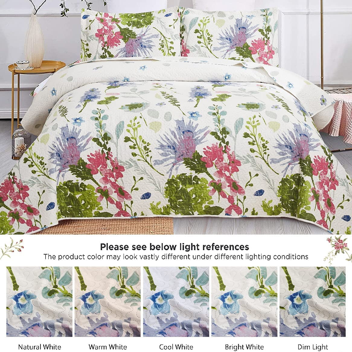 Green Essen 3 Pcs Purple Floral Quilt Sets, Soft Lightweight Microfiber Bedding Bedspreads Reversible Multicolor Flower Coverlet, 1 Quilt & 2 Pillow Shams(Twin Size）