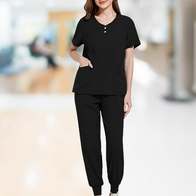 Las mujeres friegan los trajes respirables determinados del trabajo de del uniforme para el salón de belleza del BALNEARIO de la yoga Negro
