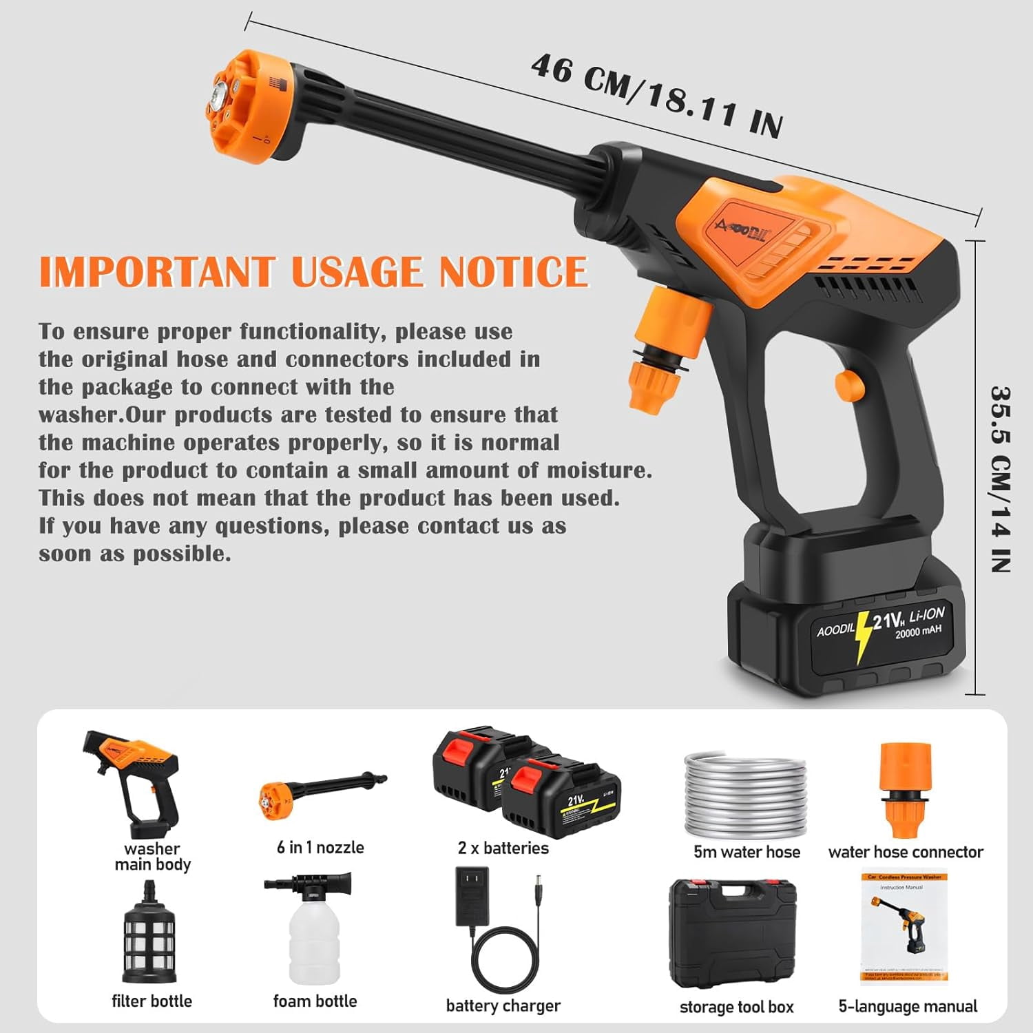 Cordless Washer, 6 in 1 Nozzle Portable Power Washer with 2 Batteries, 800PSI Cordless Power Washer with 5m Hose, Hard Carry Case for Car, Home & Garden