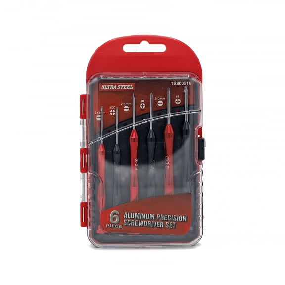 ULTRA STEEL 6-Piece Aluminum Precision Screwdriver Set, Chrome Vanadium Steel, Phillips and Slotted, with Plastic Case, for laptop and home electrical items repair and assembly