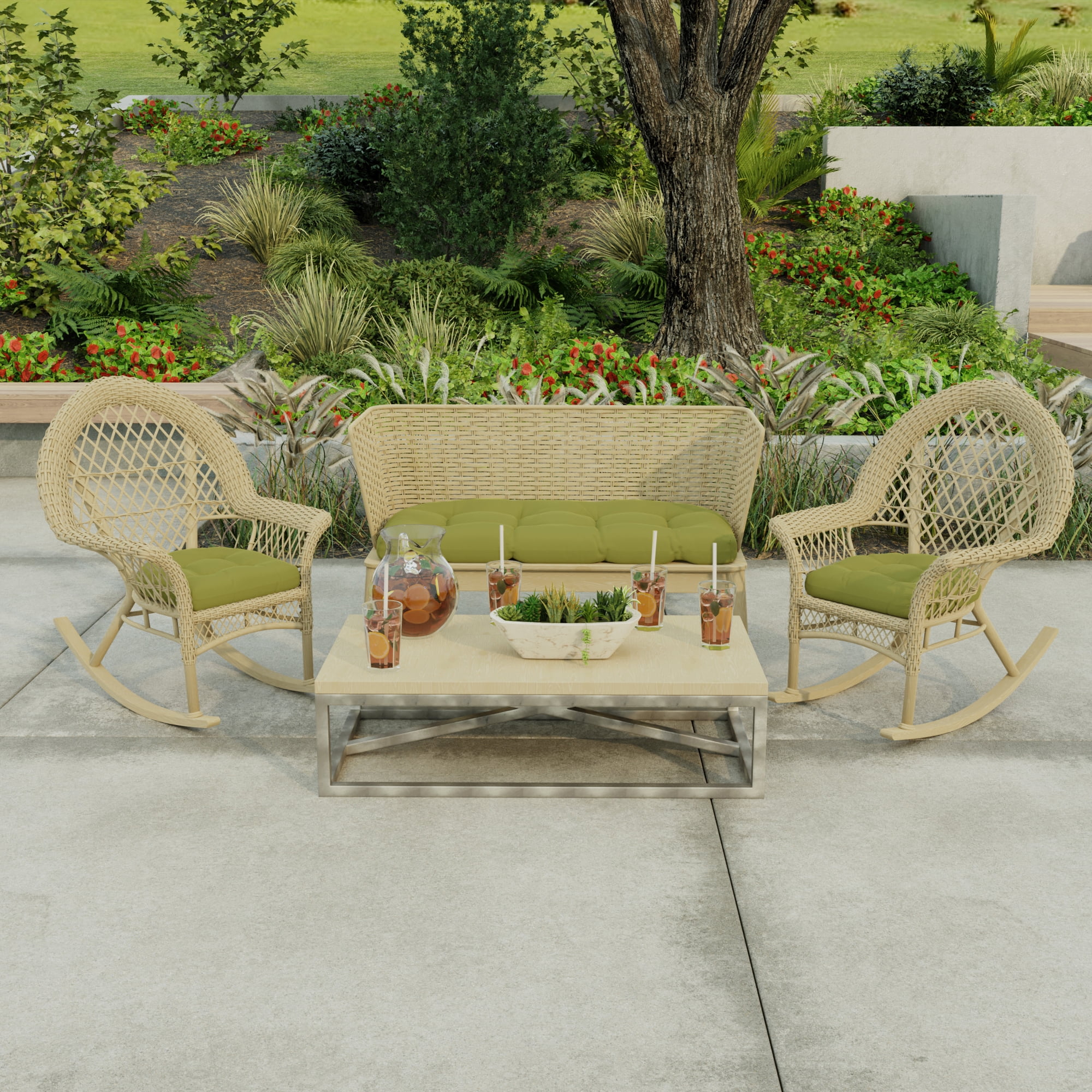 Jordan Manufacturing 3-Piece Veranda Kiwi Green Solid Tufted Outdoor Cushion with 1 Wicker Bench Cushion and 2 Wicker Seat Cushions