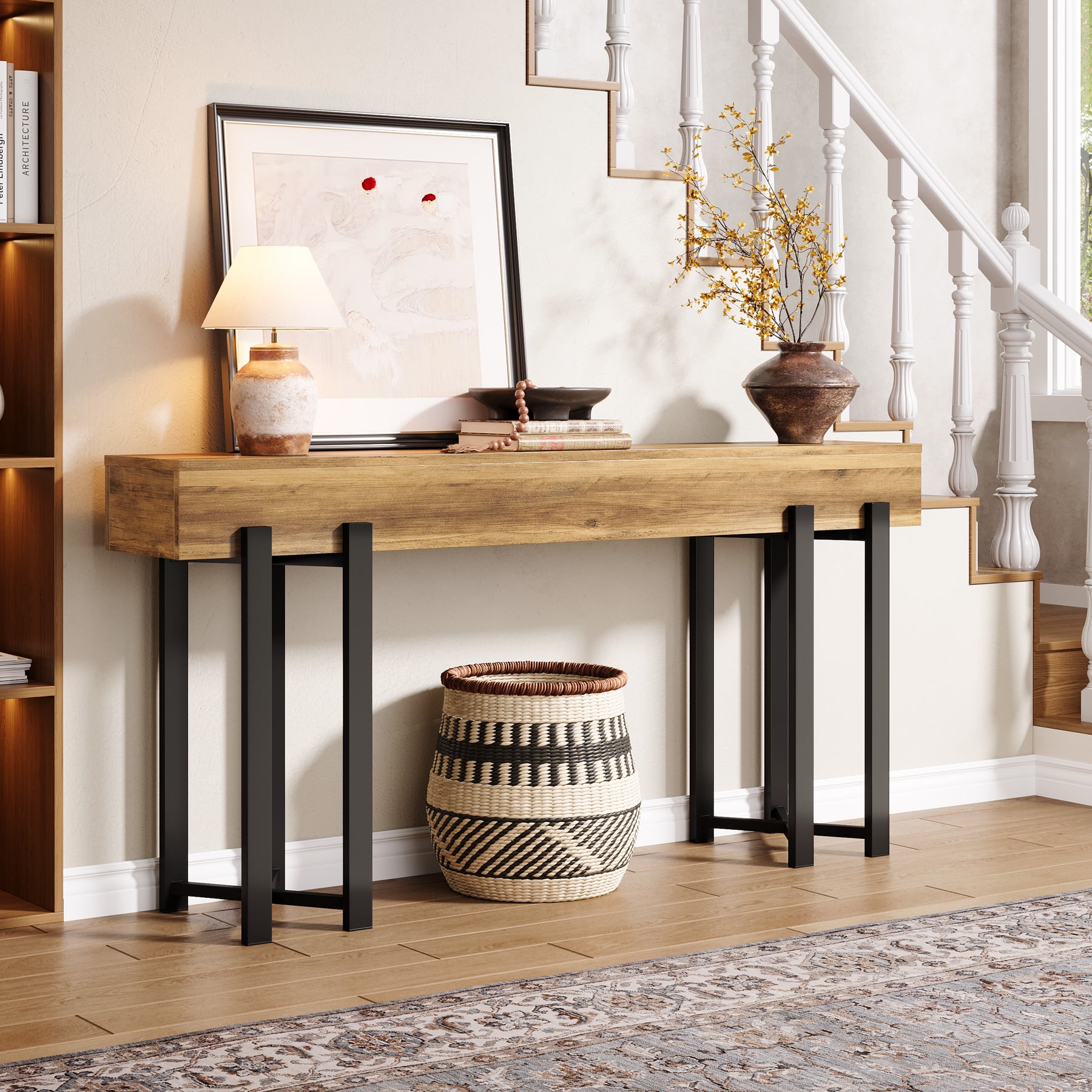 Tribesigns 63-Inch Console Table for Entryway, Industrial Behind Couch Table, Minimalist Sofa Table for Living Room, Rustic Brown Wooden Hallway Foyer Table with Black Metal Frame