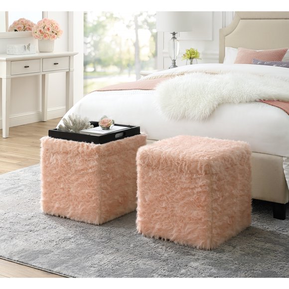 Inspired Home Allen Faux Fur Ottoman Storage Space Cube Shaped Serving Tray Top, Blush