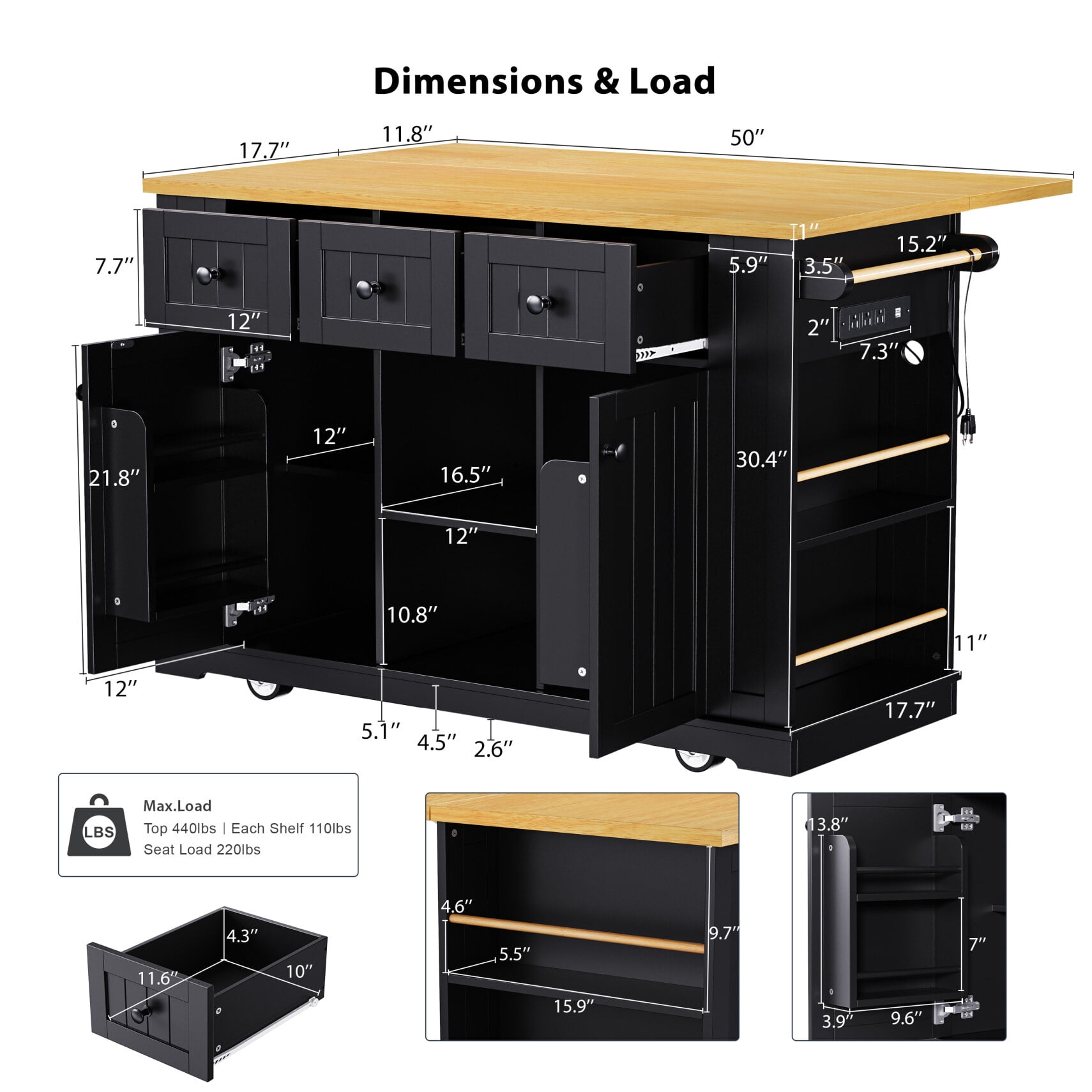 53" Kitchen Island On Wheels, Rolling Kitchen Island Cart with Drop Leaf & Power Outlet, Barn Door Kitchen Island Table with Storage Cabinet and Tower Rack for Kitchen, Dining Room, Black