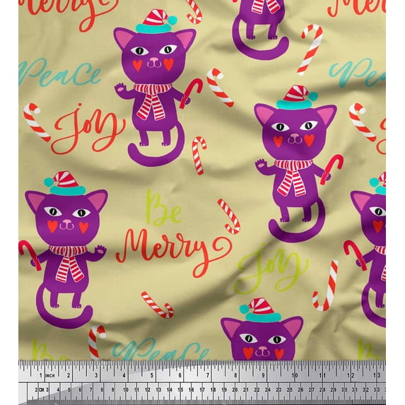 Soimoi Beige Rayon Crepe Fabric Text & Cat Kids Fabric Prints By Yard 46 Inch Wide