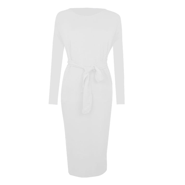 HAOTAGS Women's Long Sleeve Round Neck Dress, Plus Size Dresses Pocket  Fitted Casual Solid Color Belted Dress White L - Walmart.com