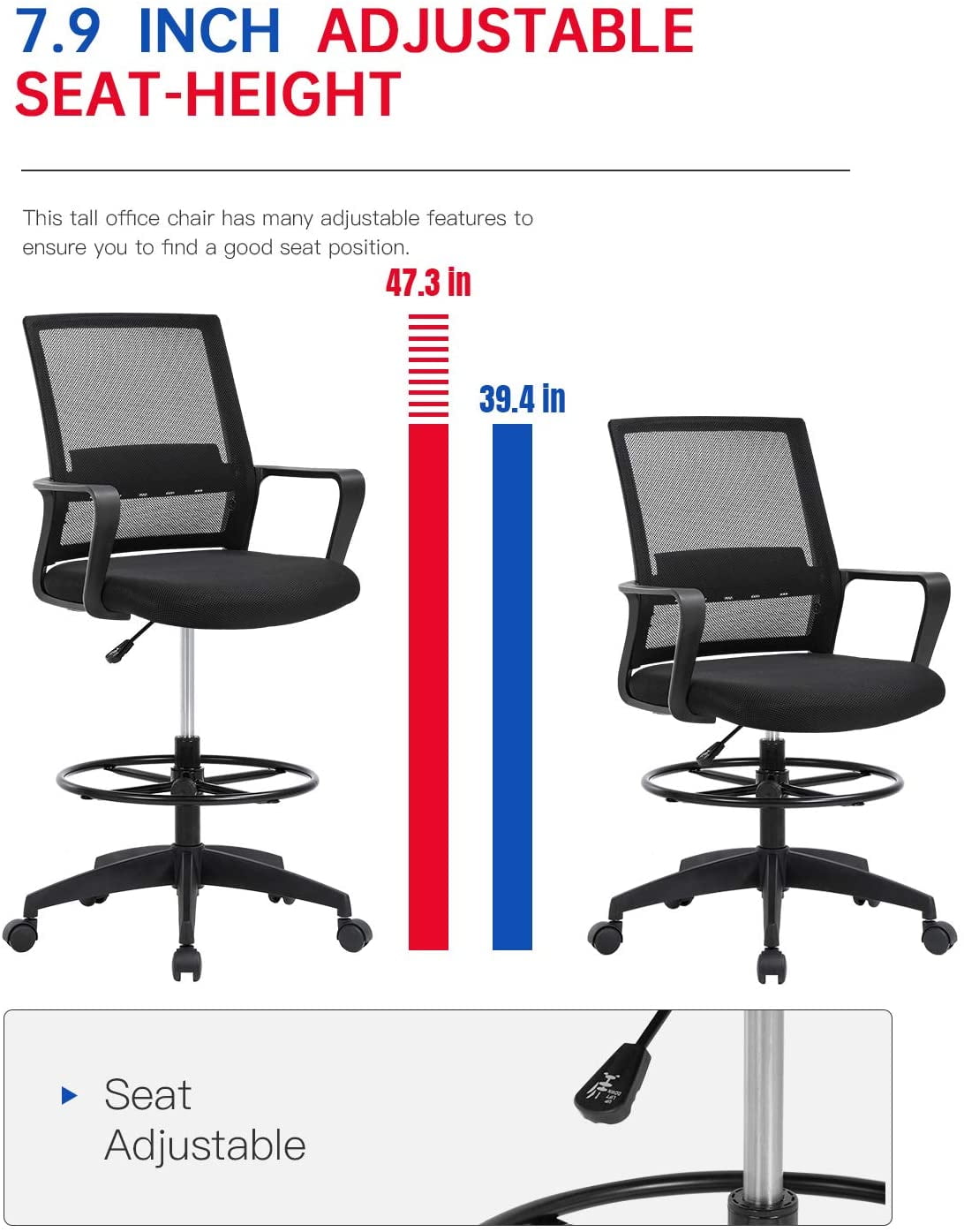 BestOffice Tall Drafting Office Chair, Lumbar Support, Adjustable Arms, Swivel Rolling for Adults(Black)