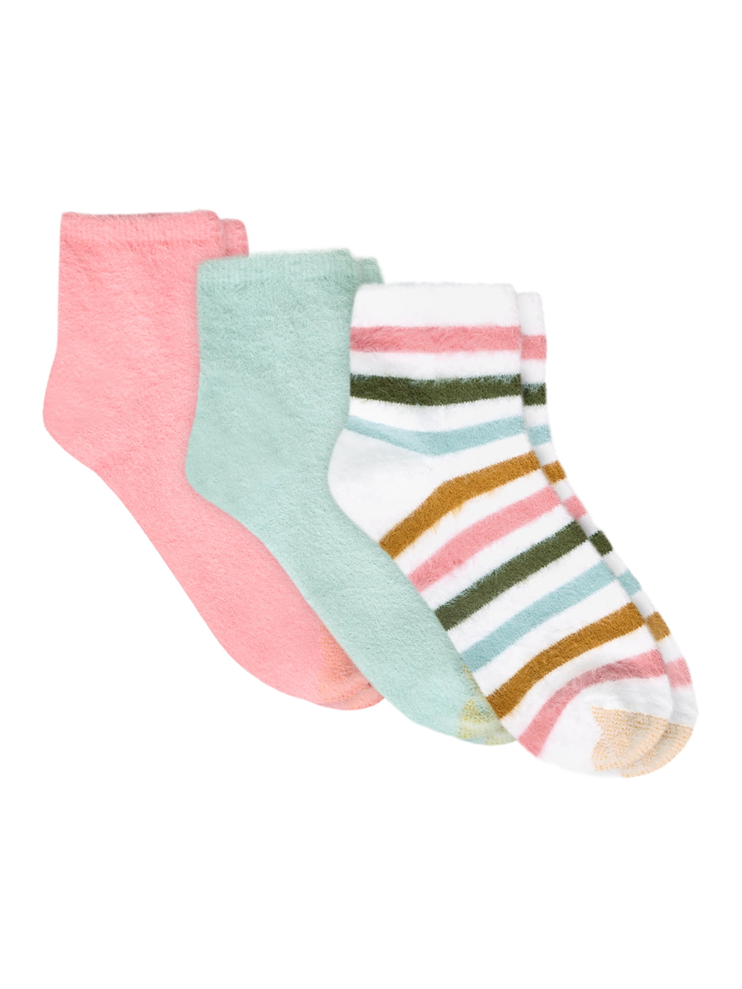 GoldToe Edition Women's Fuzzy Stripe Short Crew Socks Assorted, 3 Pairs, Size 6-9