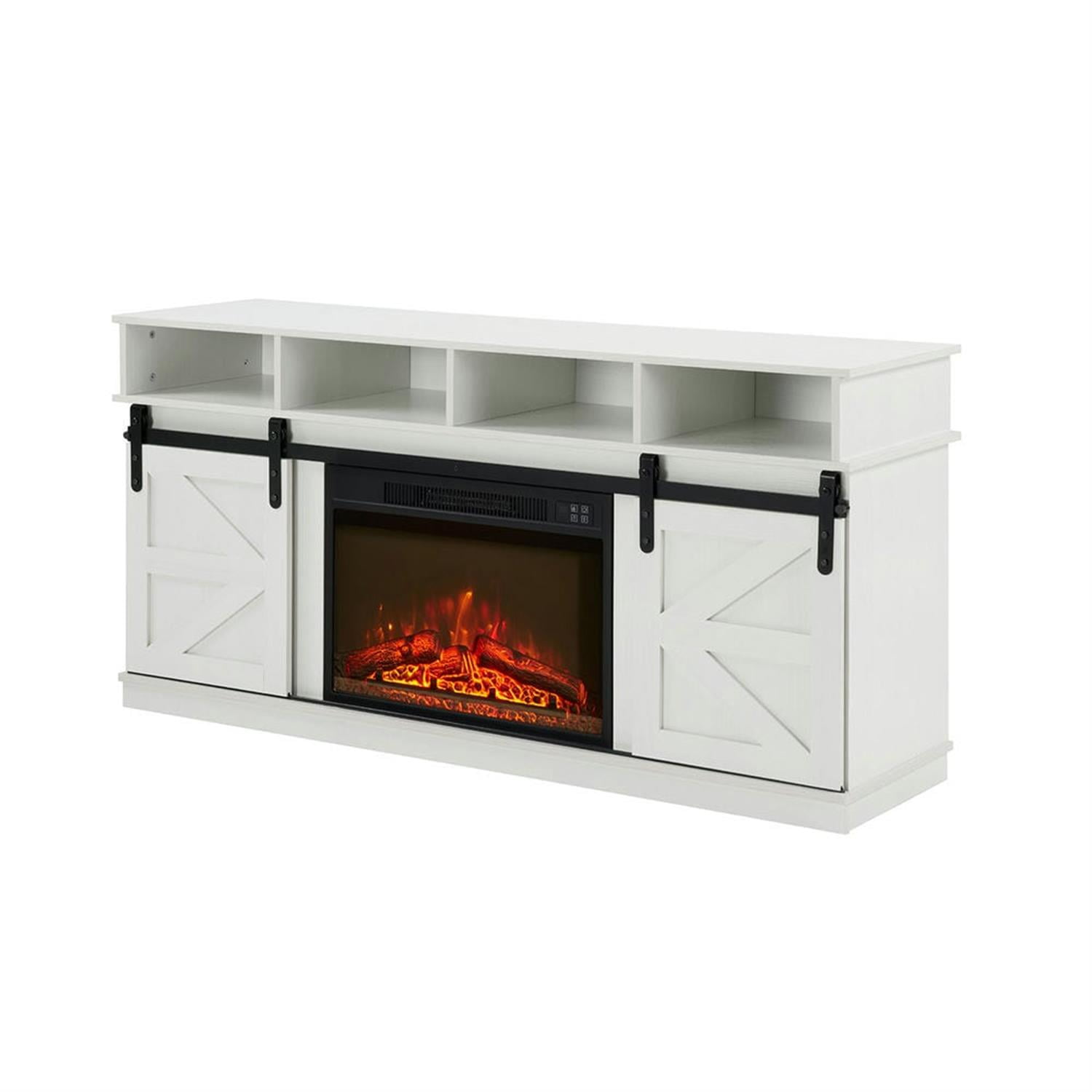 Demi Bonn Modern Farmhouse TV Media Stand for TV Up to 65'', Large Barn Inspired Home Entertainment Console with 23" Fireplace Insert, Open Shelves and Closed Cabinets, White