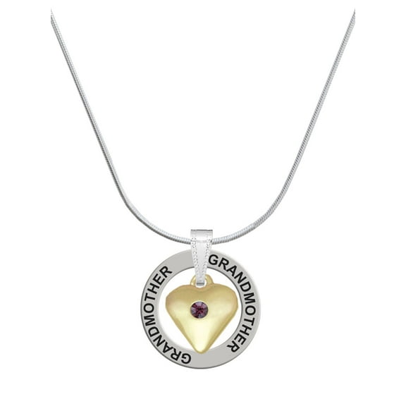 Delight Jewelry Goldtone Large February - Purple Crystal Heart Silvertone Grandmother Ring Charm Necklace, 18"