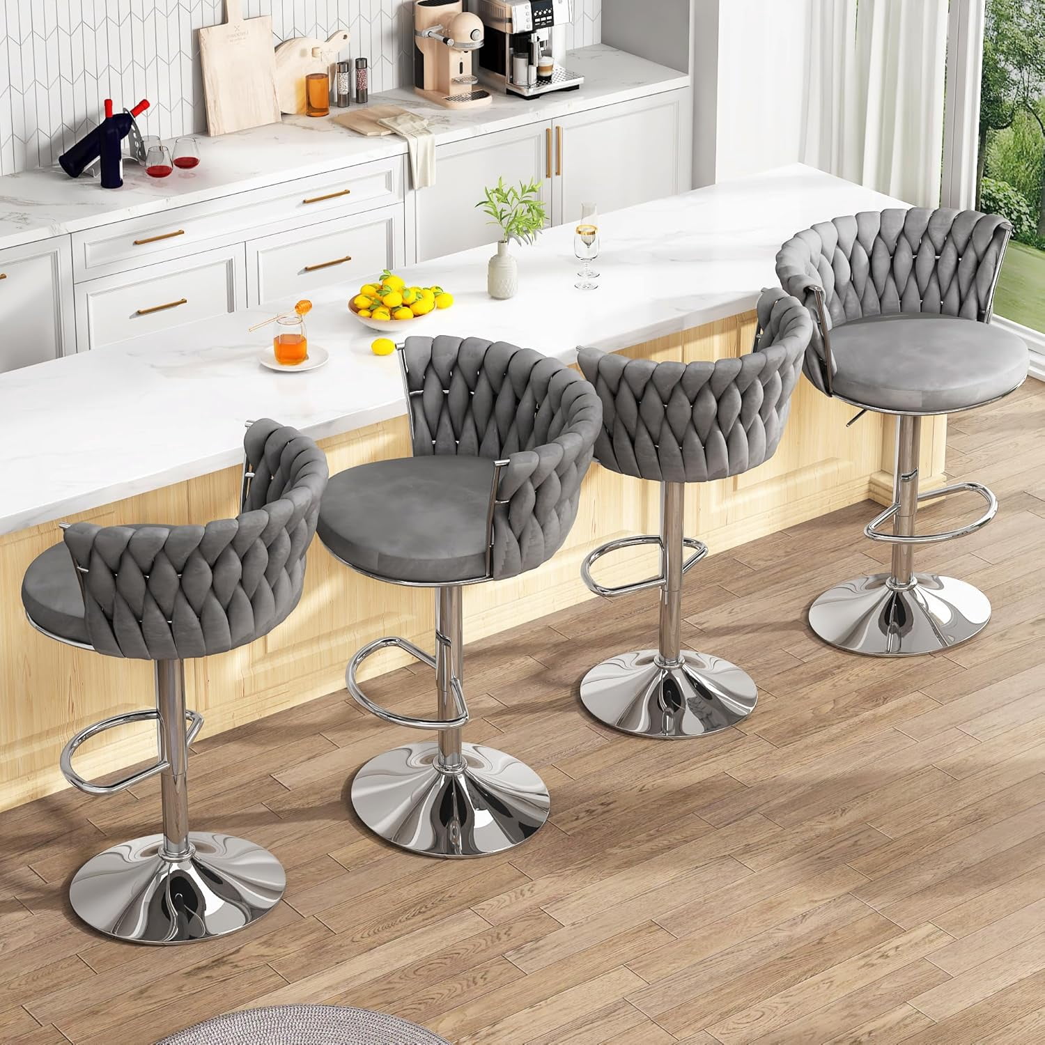 LinkRomat Velvet Bar Stools Set of 2,Swivel Counter Height Bar Stools with Backrest and Footrest,for Kitchen Island Dining Chairs,Gray
