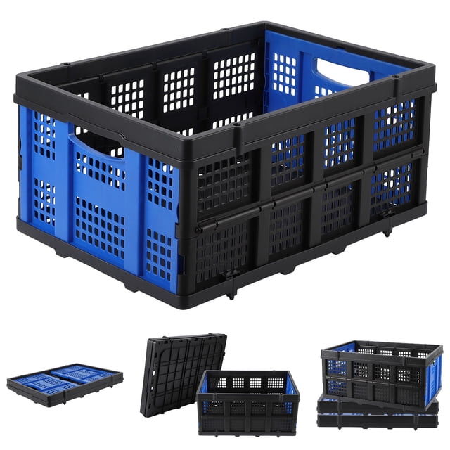 Heavy-Duty 55L Collapsible Plastic Storage Crate – Stackable, Collapsible Utility Bin with Handles – Multi-Purpose Organizer Basket for Home, Office, Garage, Kitchen, Study Room – Blue