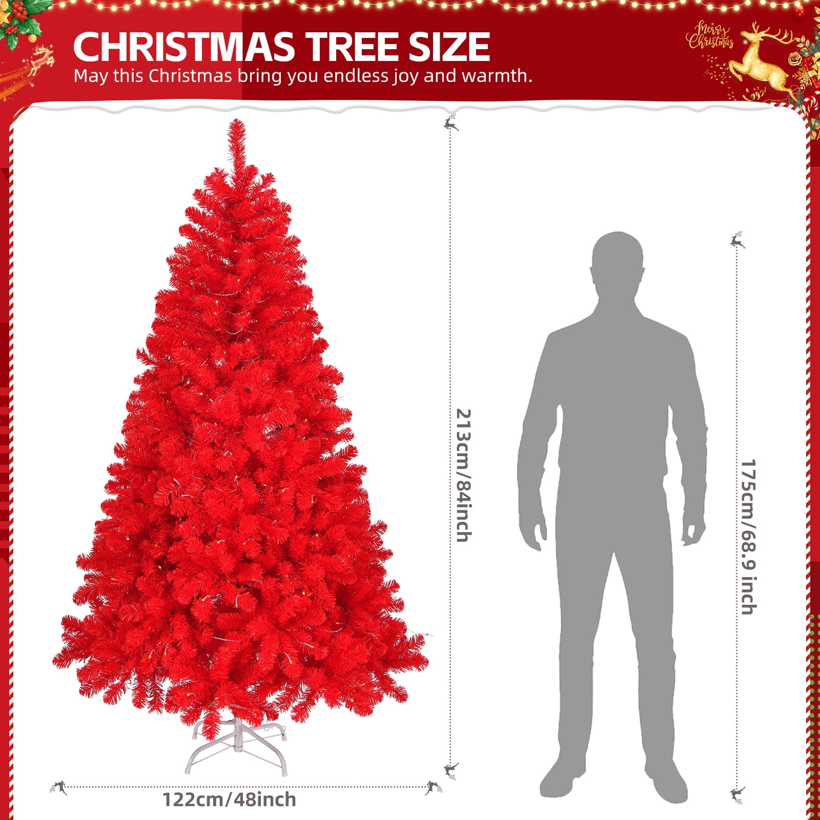 7 FT Pre-lit Artificial Christmas Tree, Hinged Xmas Pine Tree with 1100 Branch Tips, 400 Lights and Remote Control, 10 Modes and Stepless Dimming for Holiday Party Office Home, Red