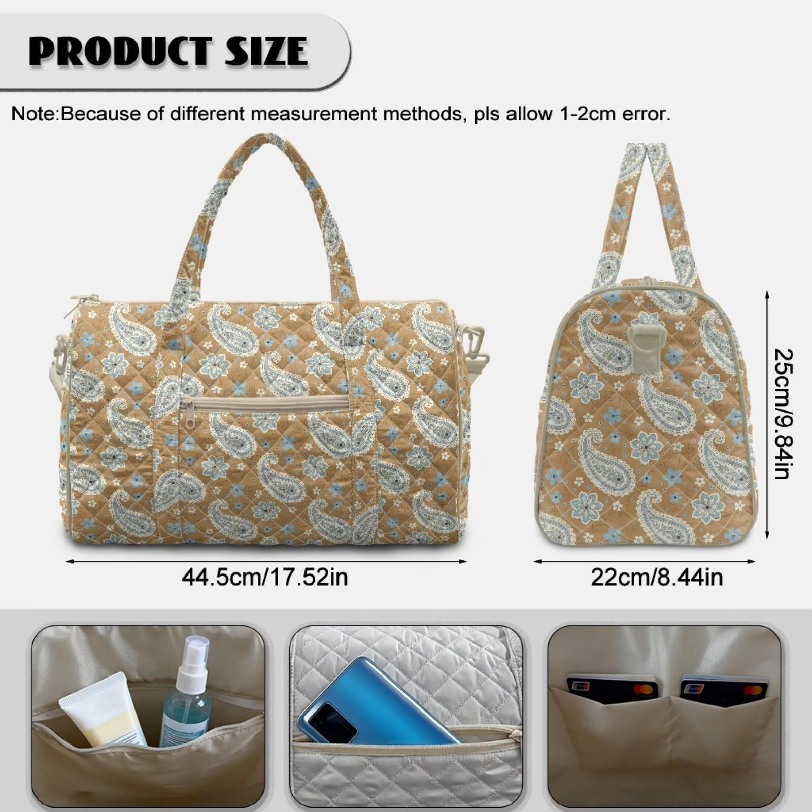 Chririnla Versatile Weekender Bag for Unisex Multi-Functional Gym Bag with Quilted Fabric & Luggage Handle Strap Fits Under Seat, Brown Paisley Print