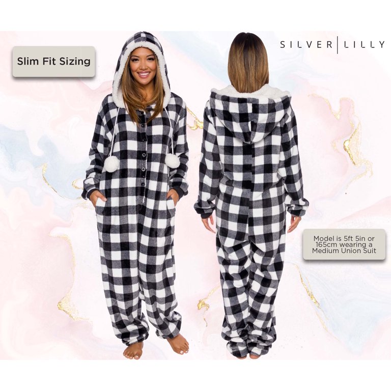 Silver Lilly Womens Hooded Buffalo Plaid One Piece Pajamas with