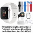 thumbnail image 1 of Restored Apple Watch Series 5 (GPS + Cellular, 44 mm) Silver Aluminum Case with Silver Sport Band Bundle 5 Bonus Bands, Charging Stand, Screen Protector, & 2 amp charger (Refurbished), 1 of 1