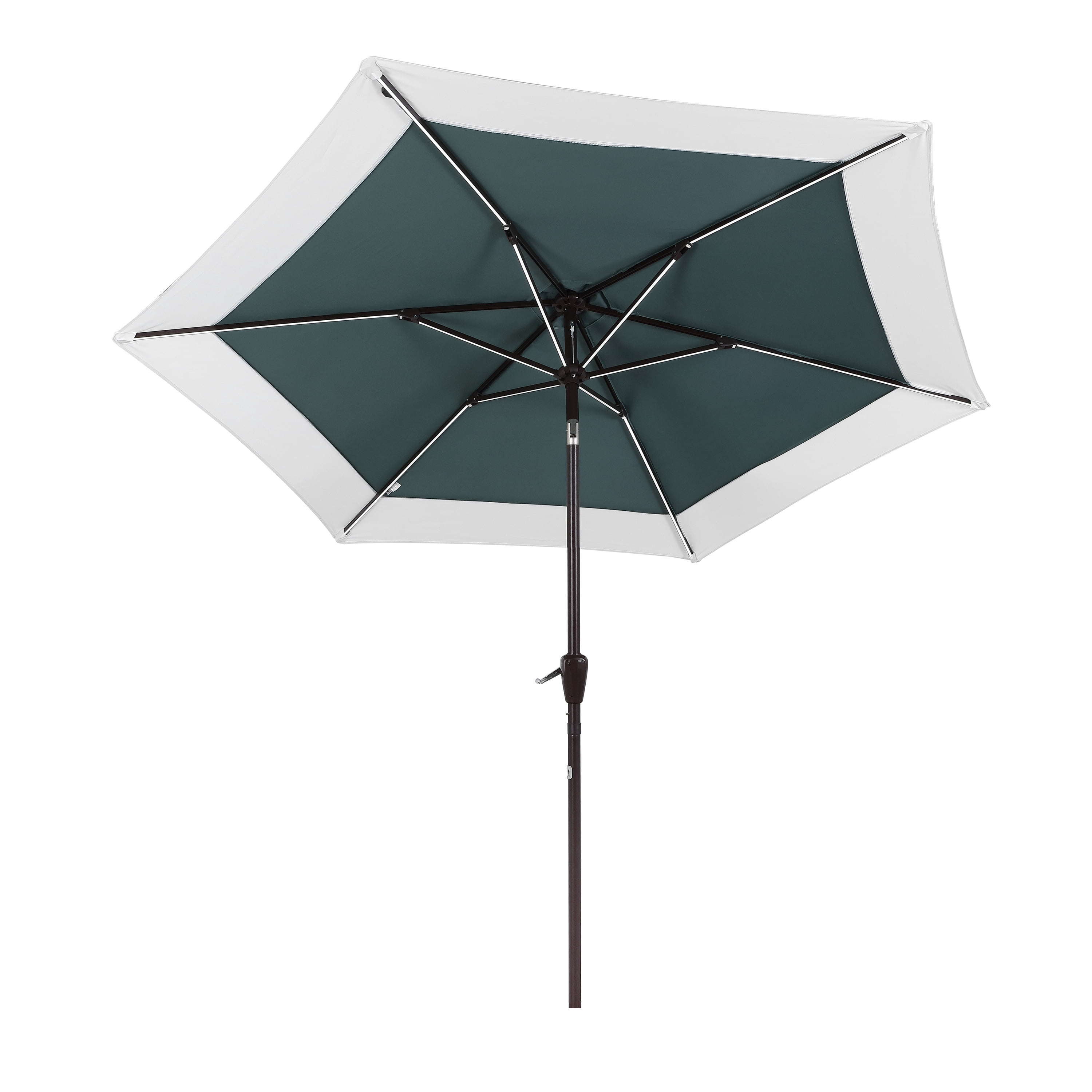 JONATHAN Y Spencer 9 ft. Solar LED Market Patio Umbrella, Classic Coastal 2-Tone, with 12 LED Strip Lights, Auto-Tilt, Crank and UV Protection, Green/White