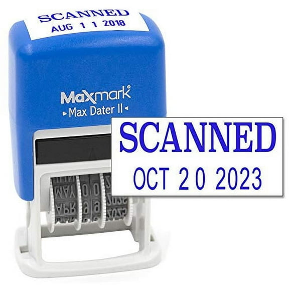 MaxMark Self-Inking Rubber Date Office Stamp with Scanned Phrase & Date - Blue Ink (Max Dater II), 12-Year Band