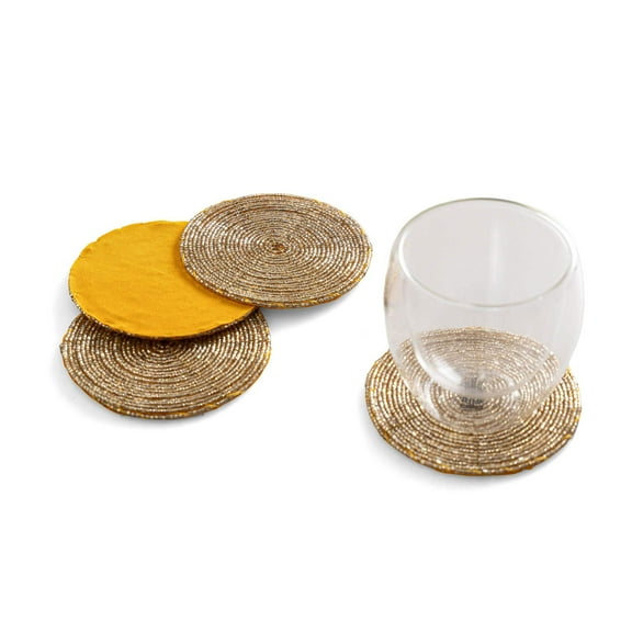 Glass Beaded Coaster in Gold, Set of 4