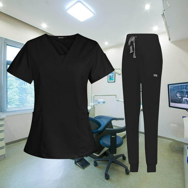 VONKY Ensemble de Blouse Médicale pour Femme Col en v Lavable en Machine Manches Courtes Noir