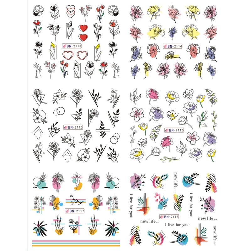 12pcs Geometry Flower Leaf Nail Stickers Line Graffiti Painted Colorful Water Decal Link Blooming Slider for Nail Decoration