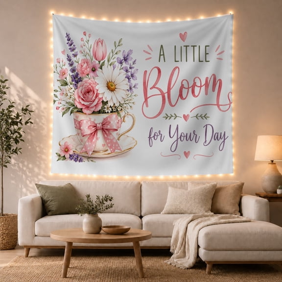 White Teacup with Pink Flowers on Light Blue Background, Whimsical Watercolor Style for Women, Floral Wall Art Decor, Housewarming Gift, Tapestry Wall Hanging for Bedroom and Living Room