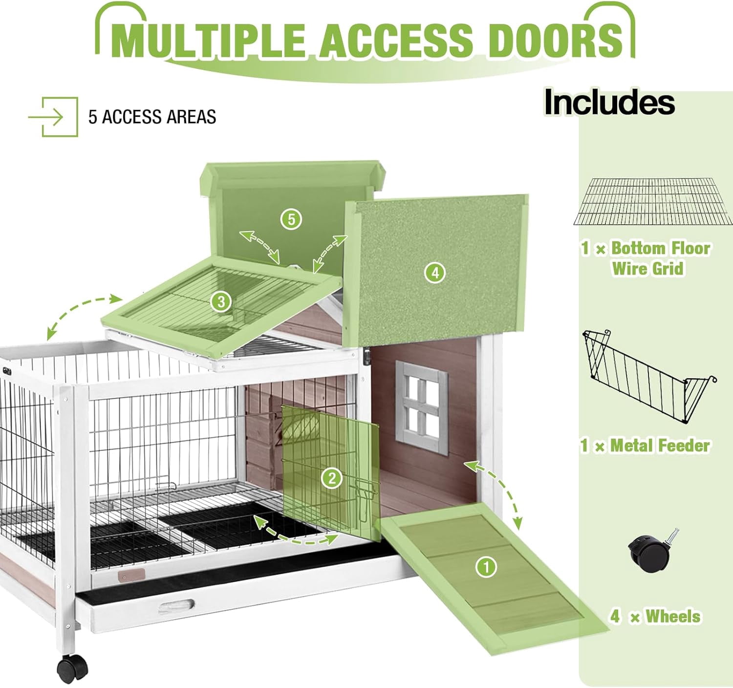 Aivituvin Rabbit Hutch Indoor and Outdoor, Wooden Rabbit Cage with Wheels, Mobile Bunny House with Leakproof Tray and Removable Wire Floor, Guinea Pig Cage with Run (Brown)