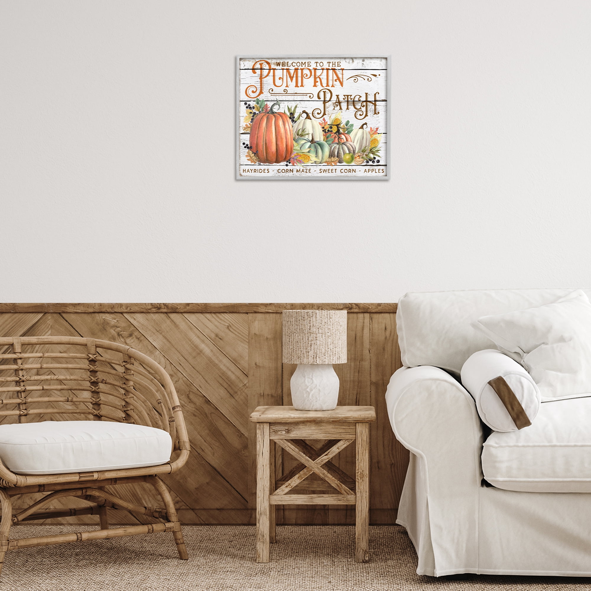 Stupell Industries Welcome Pumpkin Patch Holiday Painting Gray Framed Art Prints Wall Art, 20 x 16