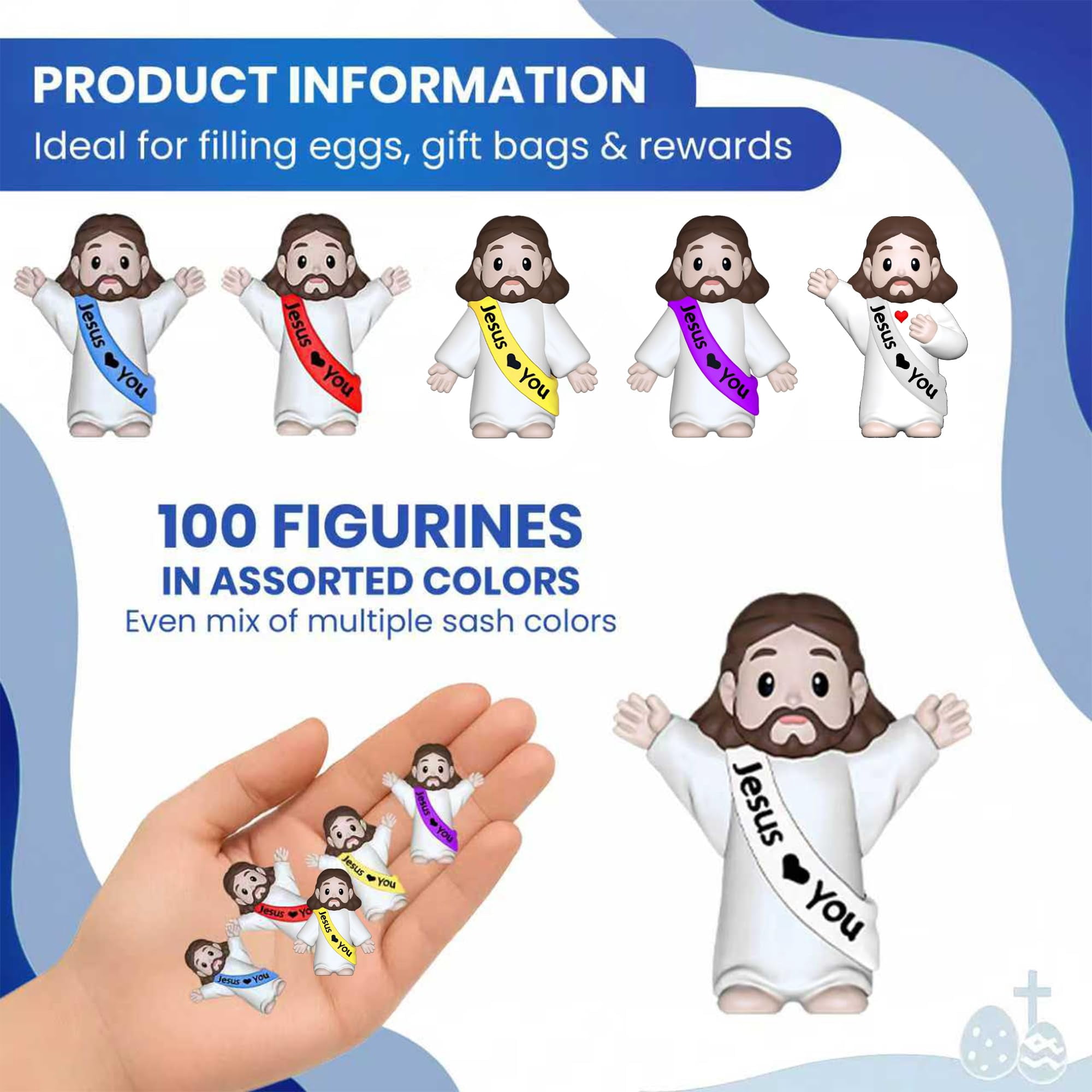 Jesus Loves You Figures 100 Pack – Multicolor Mini Jesus Figurines in Bulk, Little Jesus Figures for Easter, Church, and Religious Celebrations (Hand up)