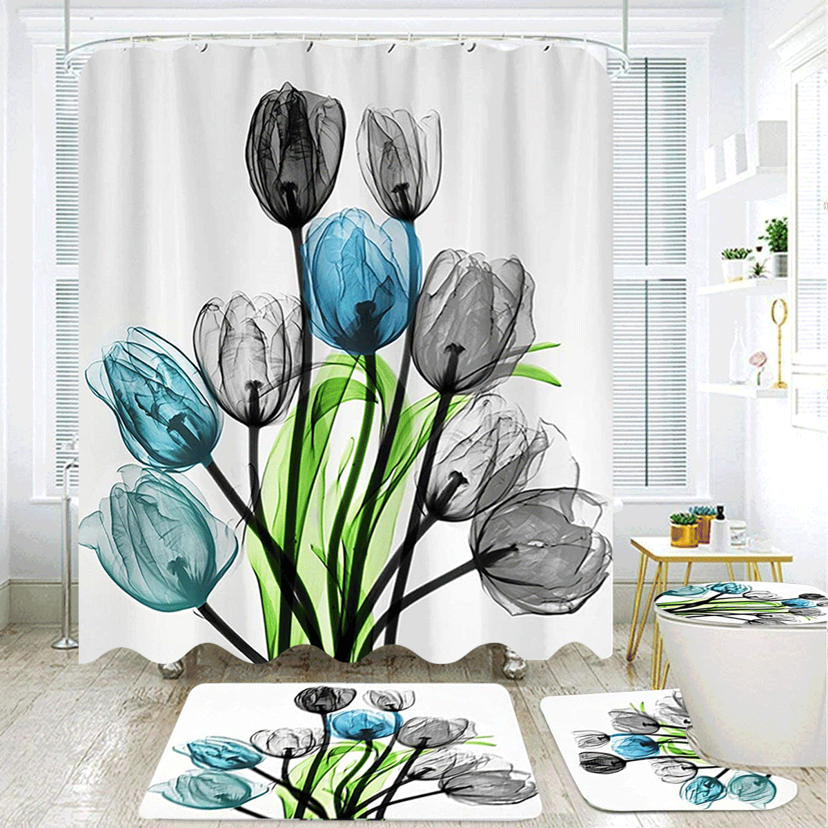 The Hand Painted Tulip Waterproof Fabric Home Decor Shower Curtain Bathroom Mat 