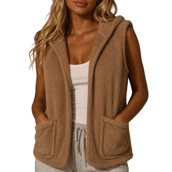 Sevevn Women's Hooded Fleece Vest with Pockets Soft Sherpa Sleeveless Vest Cozy Open Front Hooded Vest Jacket Warm Casual Layering Outerwear for Fall Winter Travel Hiking Daily Wear