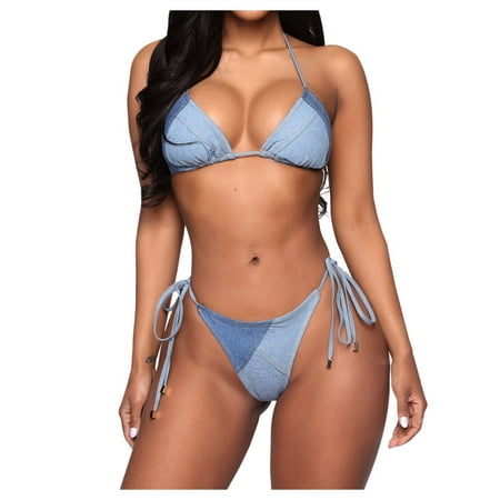 CAIVO Women Swimwear Lace Up Bikini Set Push Up Sexy 2PCS Swimsuit For Summer Beach Pool Party Adjustable Straps Size Options Pool Beach Vacation Swim Wear