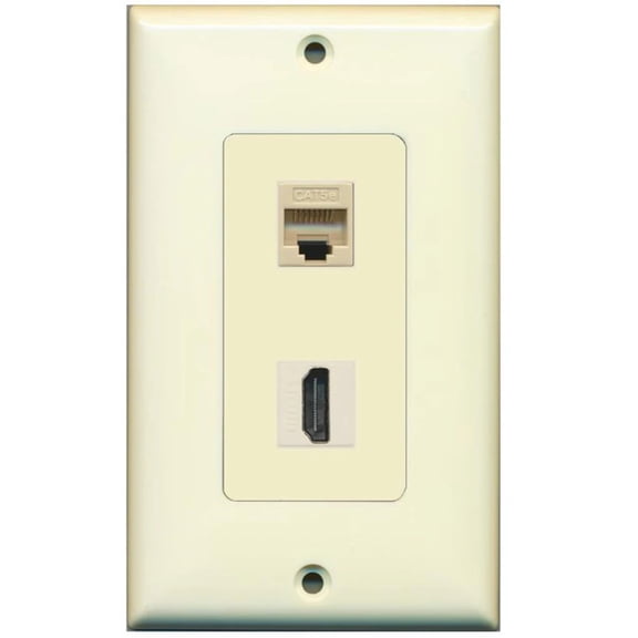RiteAV Decorative 1 Gang Wall Plate (Light Almond/Light Almond) 2 Port - Cat5e (Ivory) HDMI (Ivory) - Bracket Included