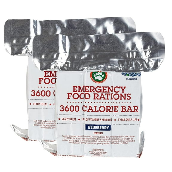 Grizzly Gear Emergency Food Rations- 3600 Calorie Blueberry Bars (2 Pack) - 6 Day, 144 Hour Supply For Disaster, Hurricane, Flood Preparedness - Less Sugar, More Nutrients - 5 Year Shelf Life