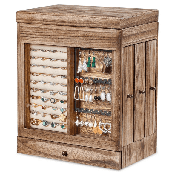 Sfugno Jewelry Boxes, Large Wood Jewelry Box for Women with Glass Window and 3 Side Drawers,Rustic Brown