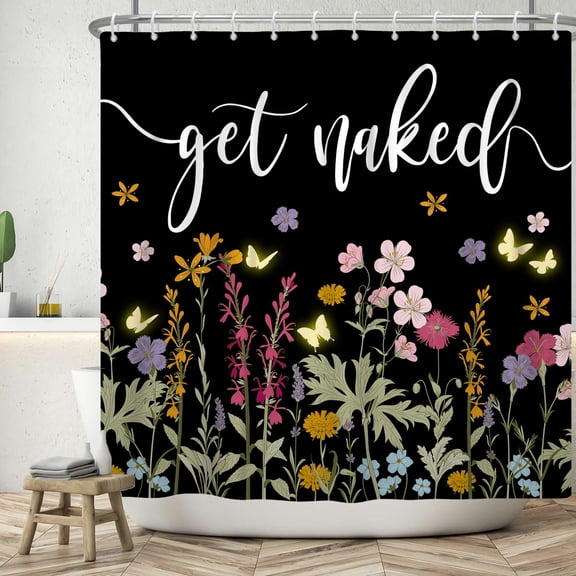 Mizhona Get Naked Floral Shower Curtain Spring Black Flowers Bathroom Curtain Decor with Hooks 72"x72"