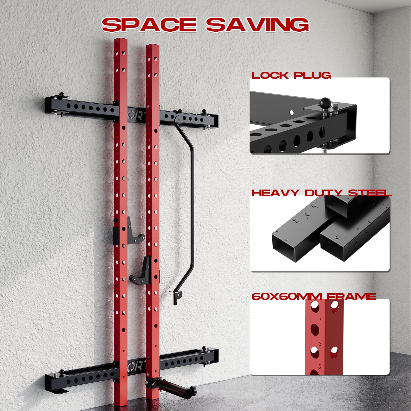 Folding Wall Mounted Squat Rack for Home Gym – 1000lbs Heavy Duty Power Rack with Adjustable Pull Up Bar, J-Hooks & 360° Landmine – 2.36" Steel Frame, Collapsible Space-Saving Design for Garage