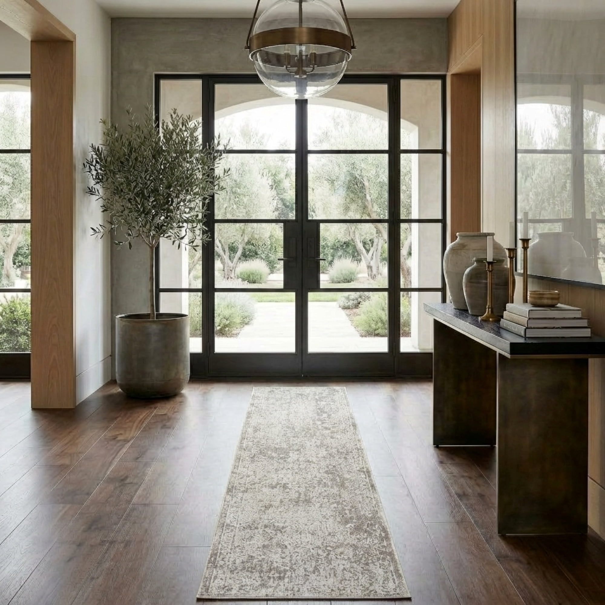 Harlow Hill Claire Bordered Transitional Performance Polyester Indoor Runner Rug, Gray, 2' x 10'
