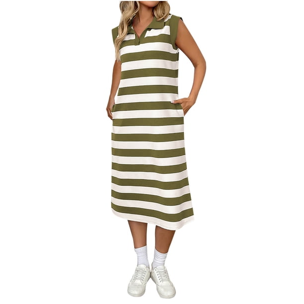 Vestido de Verano para las Mujeres, Bolsillo sin Mangas Cuello Turndown Vestido de la Mitad de la Ternera, Moda Poliéster Casual