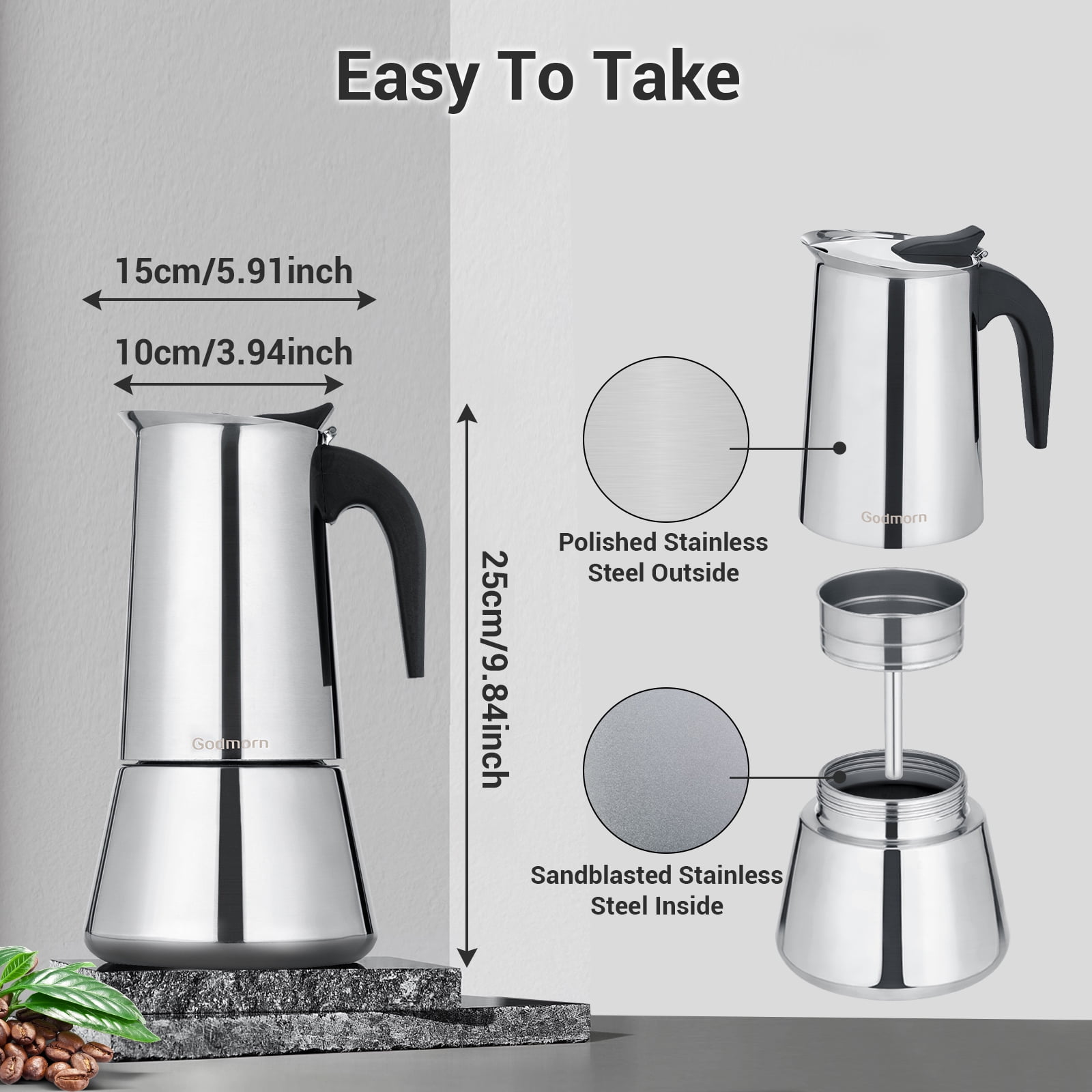 12 Cups Stainless Steel Moka Coffee Pot Espresso Coffee Maker, 600ML Portable Coffee Container